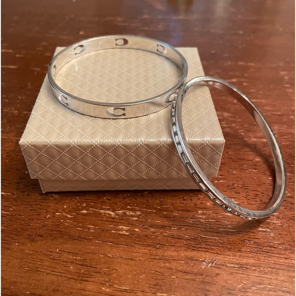 Coach Double Bangle Bracelet Silver Color "C" Logo Cut Out and Baguette 2 PC Set